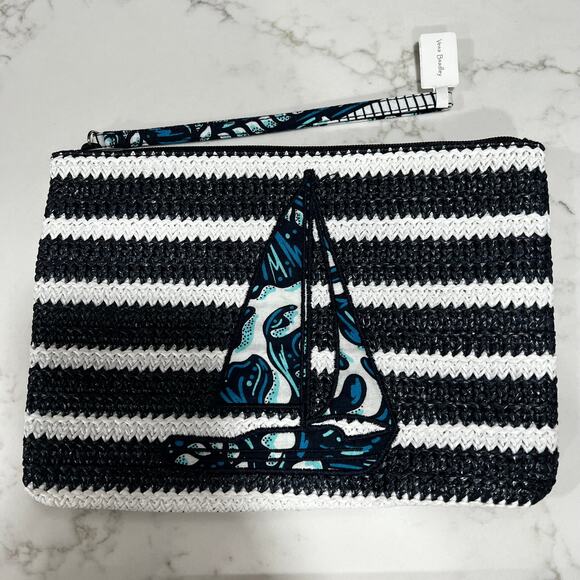 New Vera Bradley Shore Enough Sailboat Straw Wristlet Black White Stripe - Picture 1 of 6